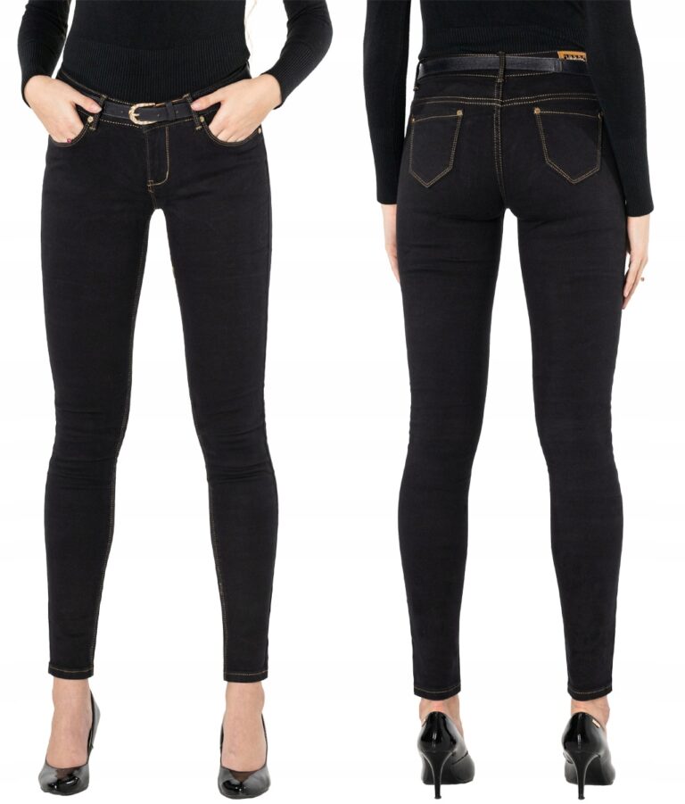 Czarne Spodnie Jeansy Rurki Damskie Pasek 80961 27
