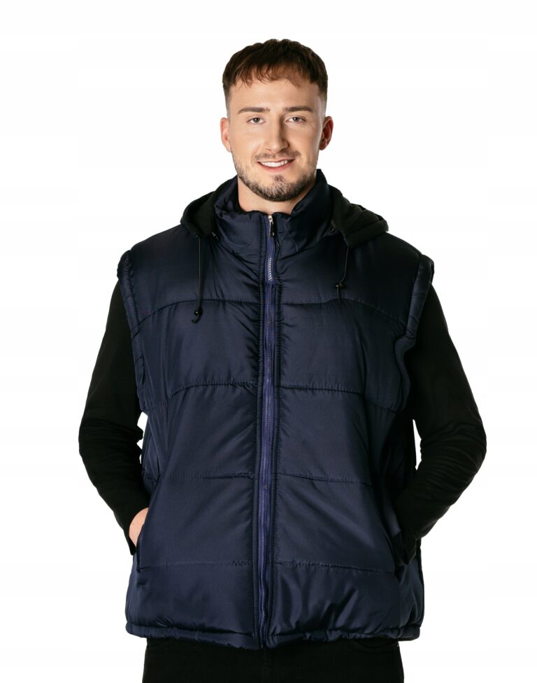 Duża Ciepła Kamizelka Męska Ocieplona Polarem Bezrękawnik Kaptur B28-2 3XL