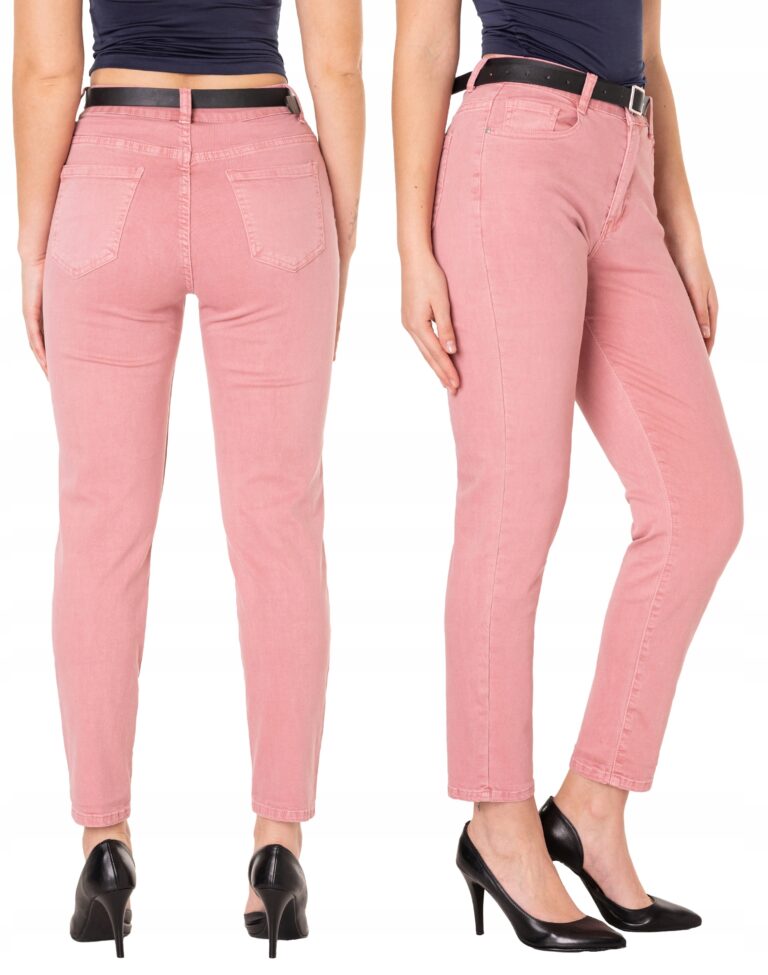 Spodnie Damskie Bawełniane Jeans z Prostą Nogawką Wysoki Stan PASEK HW50 L