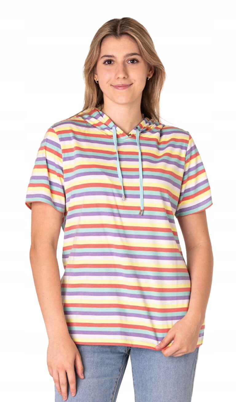 Cienka Bluzka Koszulka Damska Bawełna T-shirt z Kapturem Lato 16886-4 3XL