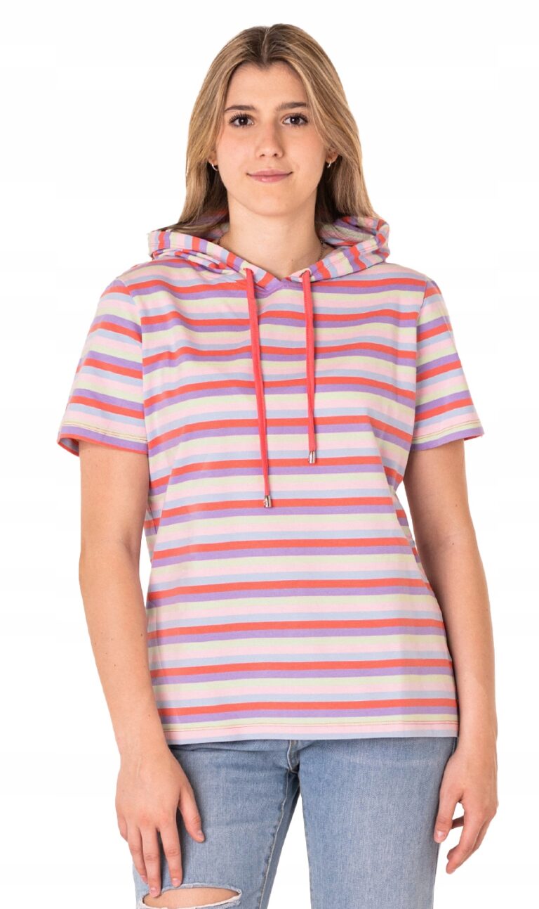 Cienka Bluzka Koszulka Damska Bawełna T-shirt z Kapturem Lato 16886-2 3XL