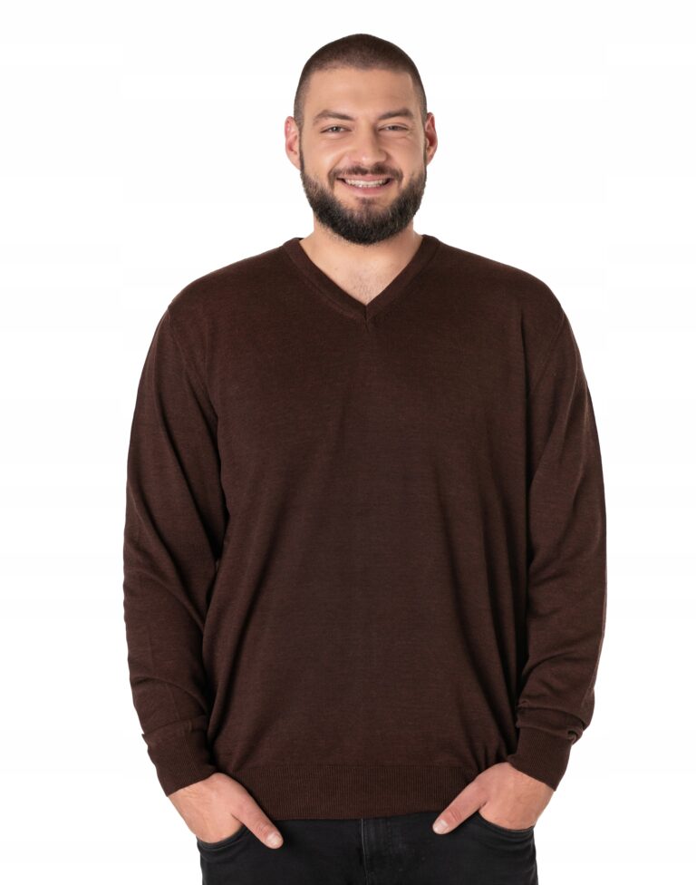 Elegancki Cienki Sweter Męski Duży Swetr Gładki w V Serek Szpic 8121-9 5XL