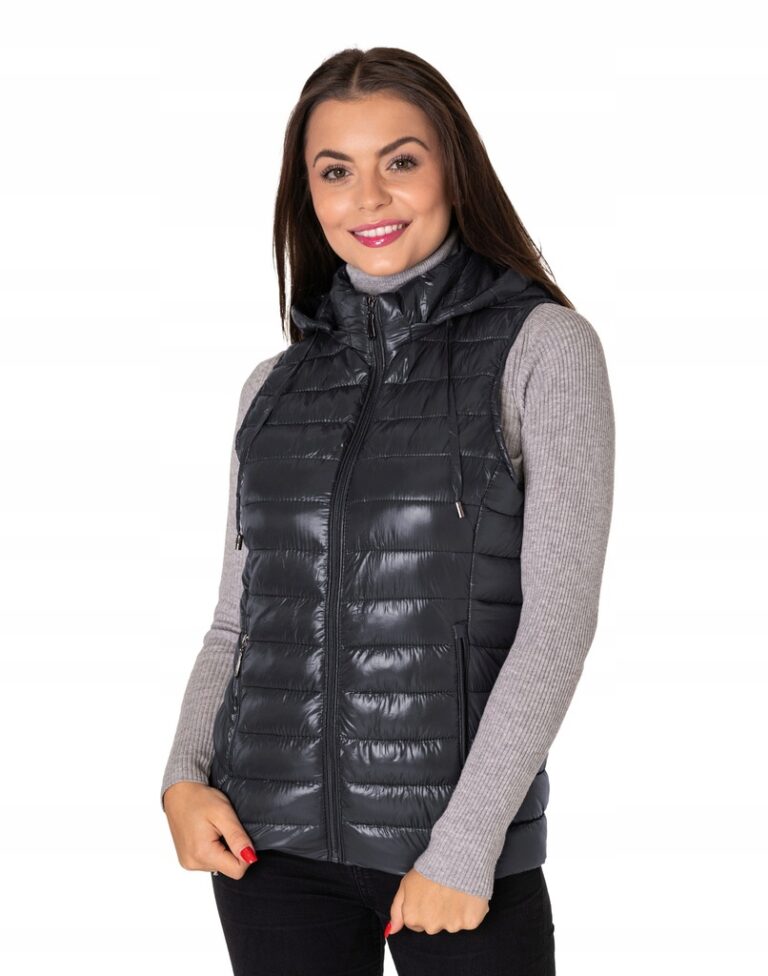 Ciepła Puchowa Kamizelka Damska Ocieplona Bezrękawnik z Kapturem 9138-2 S