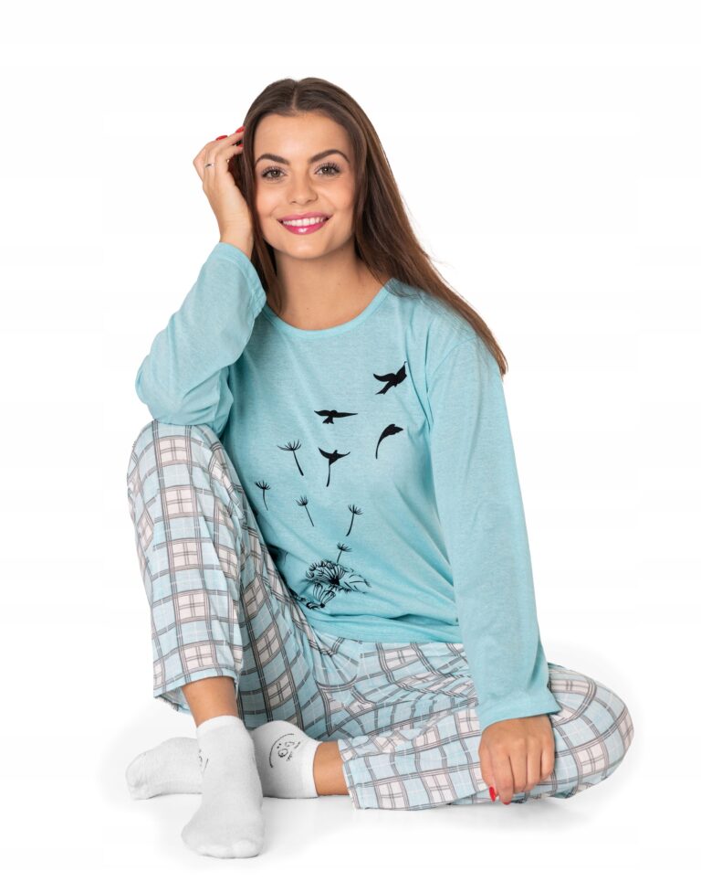 Cienka Piżama Bawełniana Damska Koszulka Długi Rękaw + Spodnie 4772-02 r XL