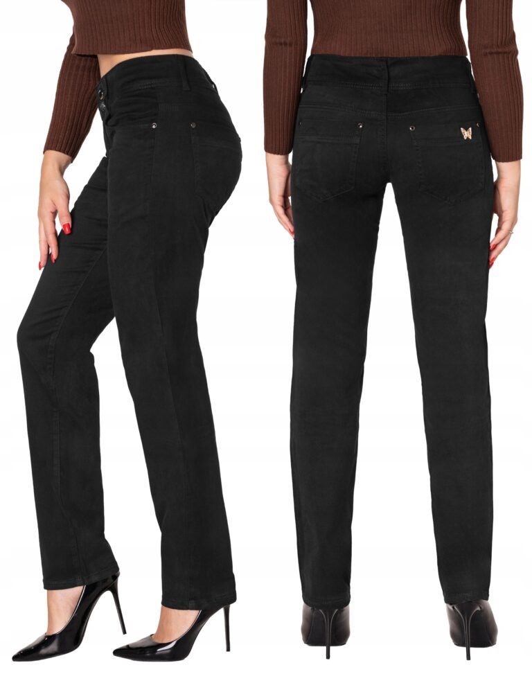 Eleganckie Czarne Spodnie Damskie Bawełniane Jeans z Prostą Nogawką 5241 36