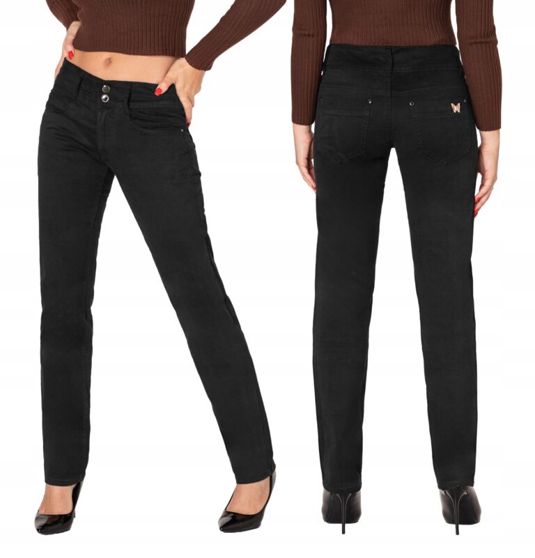Eleganckie Czarne Spodnie Damskie Bawełniane Jeans z Prostą Nogawką 5241 30