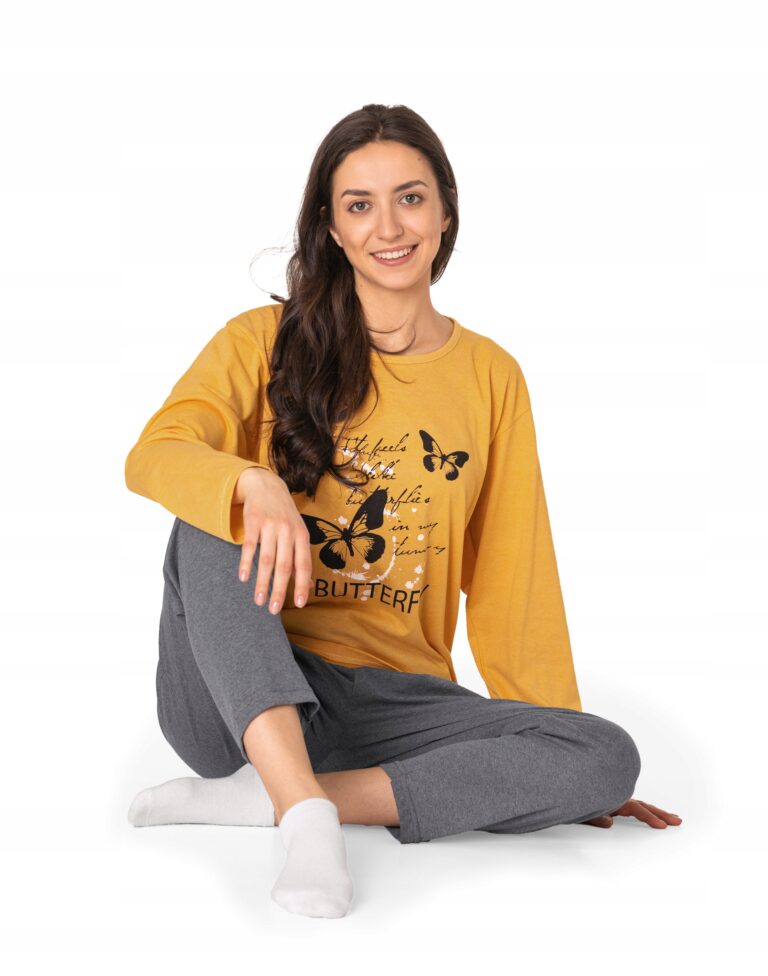 Cienka Piżama Bawełniana Damska Koszulka Długi Rękaw + Spodnie 4798-03 r XL