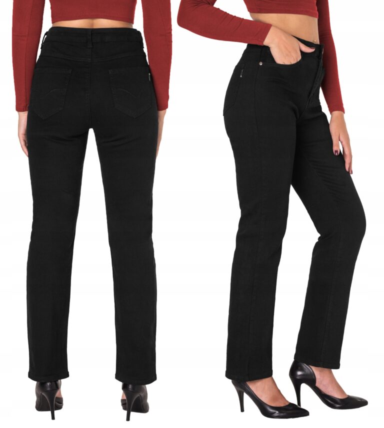 Eleganckie Czarne Spodnie Jeansy Damskie Prosta Nogawka Wysoki Stan 1859 37