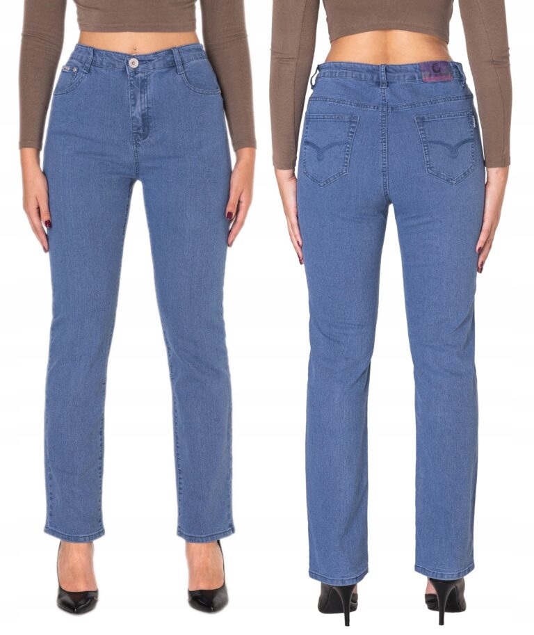 Niebieskie Jeansy Spodnie Damskie Dżinsy Prosta Nogawka Wysoki Stan 1098 42