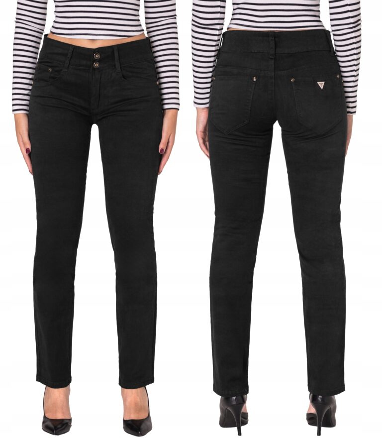 Eleganckie Czarne Spodnie Jeansy Damskie Prosta Nogawka Wysoki Stan 5261 30