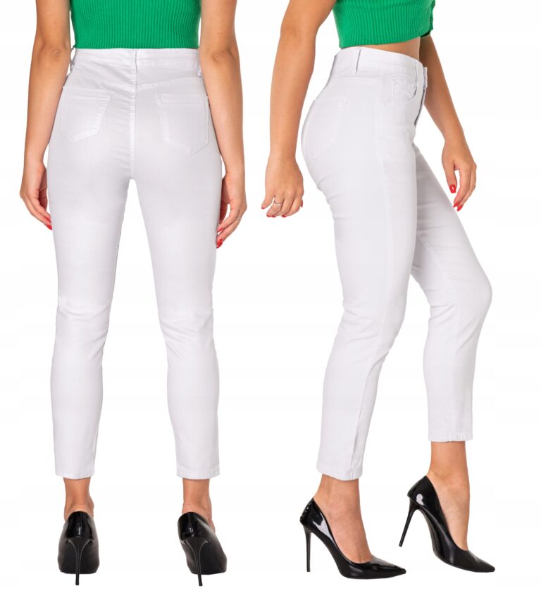 Białe Cienkie Spodnie Damskie Jeans Bawełniane na Lato Wysoki Stan 2253 W36