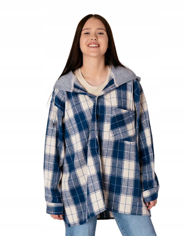 Luźna Koszula Bluza Flanelowa Damska Kurtka w Kratę z Kapturem ART06-02 XL