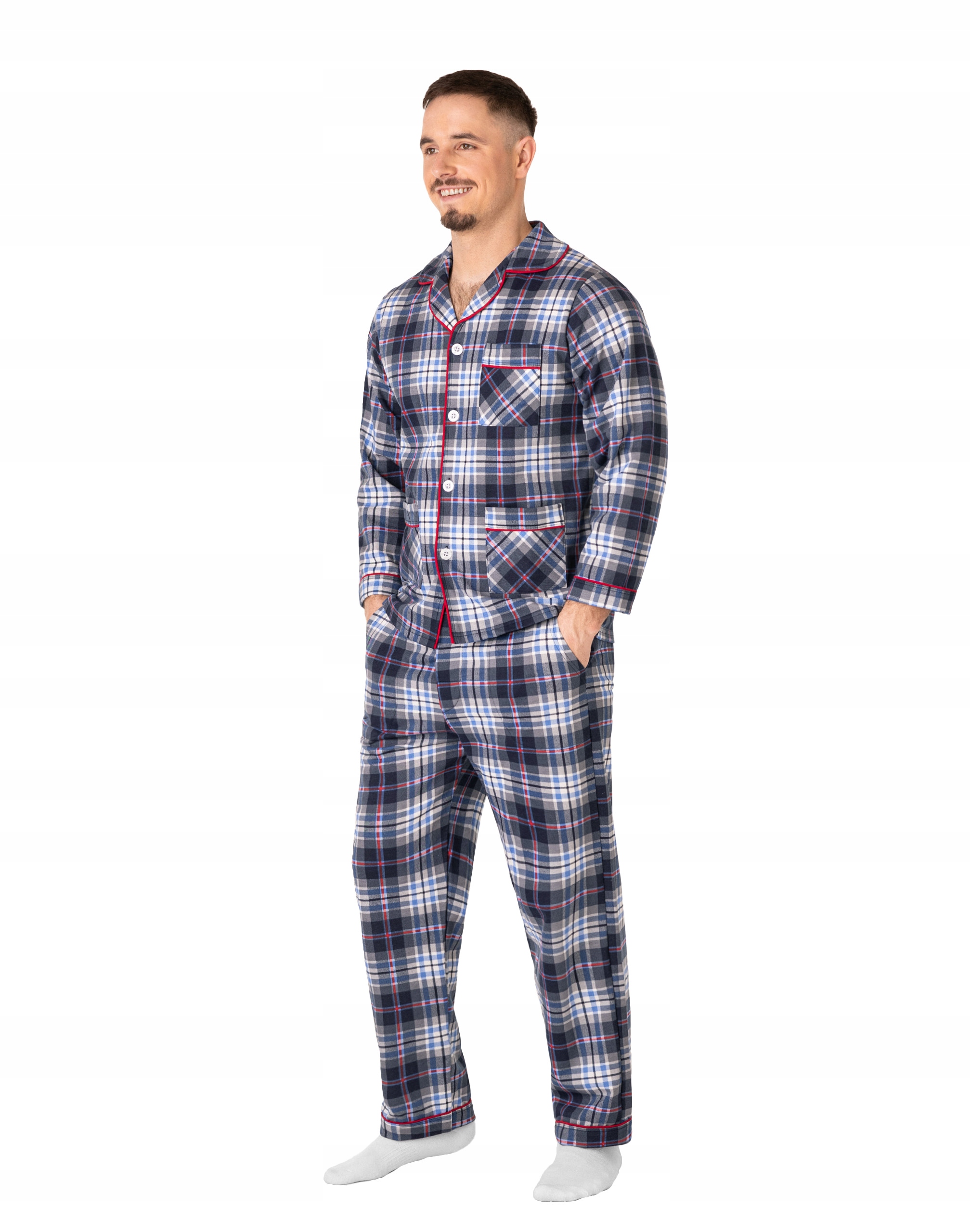 Ciepła Piżama Męska Flanelowa Bawełniana Rozpinana Koszula + Spodnie 036 XL