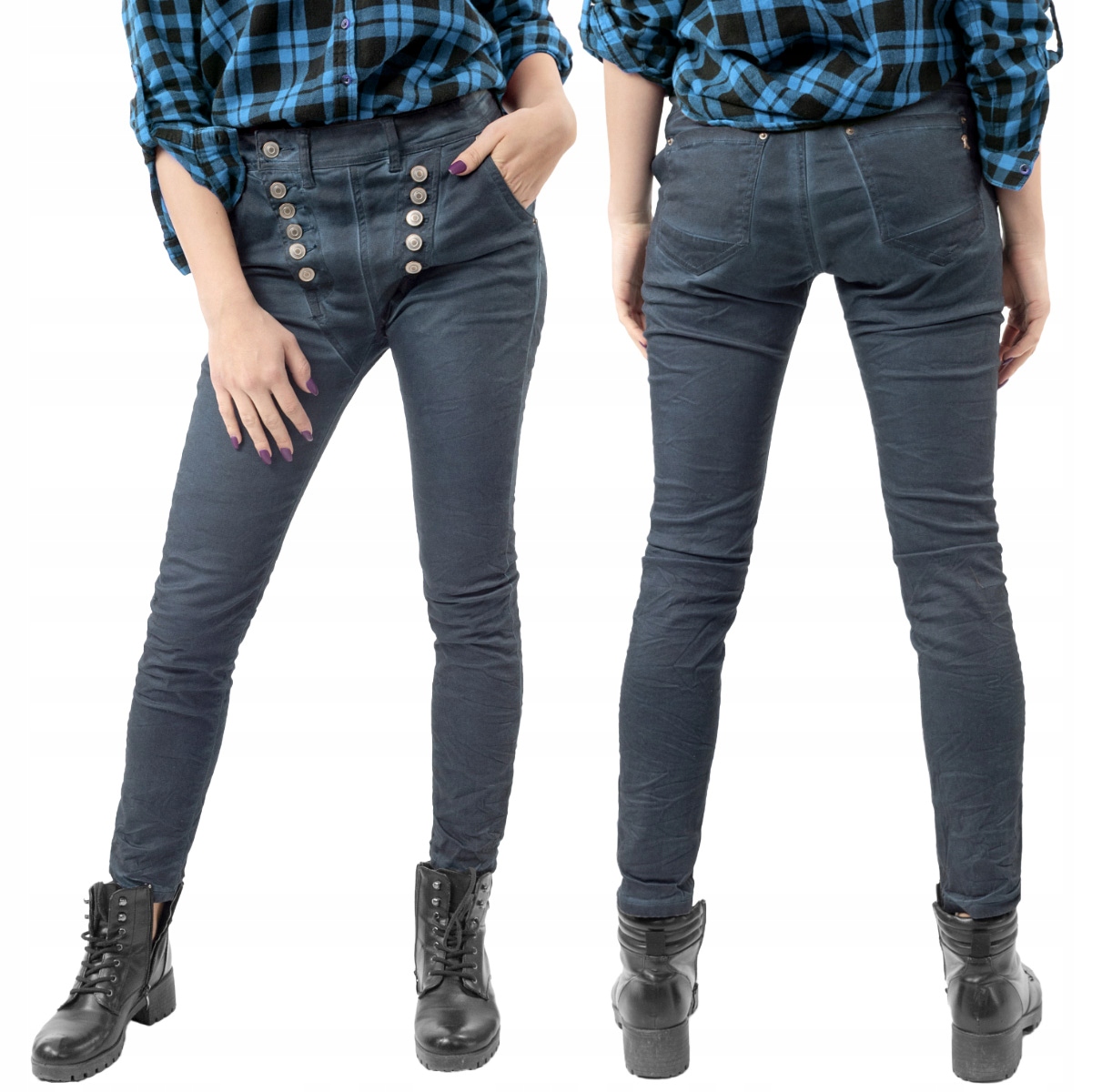 Wąskie Spodnie Damskie Bawełniane Rurki Jeans Dżins Strecz 1839 72cm granat